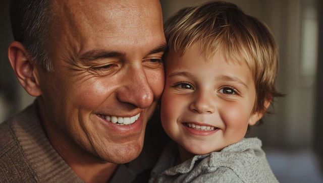Father Cuddling Young Son Closeup Showing Warm Family Bond and Joyful Smiles