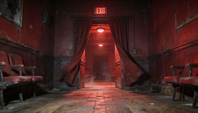 Abandoned red velvet theater corridor with swinging curtains and glowing exit sign