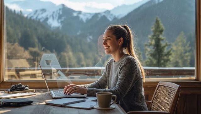 Smiling woman working remotely in mountain cabin typing on laptop with coffee