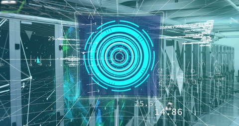 Digital Interface Circles with Data Overlays in Server Room