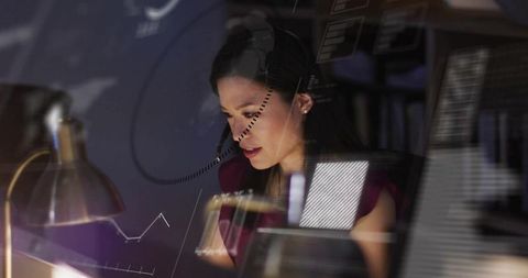 Chinese analyst reviewing financial charts on multiple monitors during late-night work in modern off