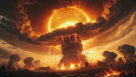Apocalyptic Sun Sphere Erupting Over Scorched Industrial Landscape
