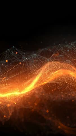 Vertical orange energy ribbon weaving through glowing mesh nodes, futuristic abstract motion