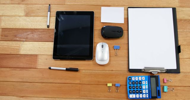 Organized Office Supplies on Wooden Desk Viewed from Above - Download Free Stock Images Pikwizard.com