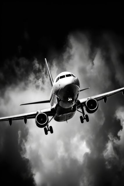 Dramatic black and white shot of an airplane against a stormy sky. Perfect for themes related to aviation, travel, turbulence, and weather. Ideal for use in articles, blogs, and marketing materials focusing on air travel, aviation industry, adverse weather conditions, or even dramatic scenarios and adventure.