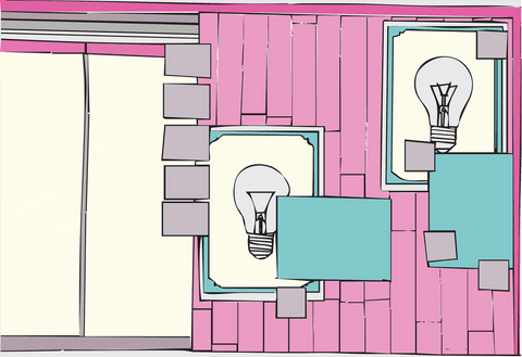 Creative office design with transparent light bulb artworks