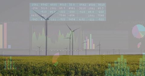 Wind farm analytics overlaying charts on canola field for renewable energy insights