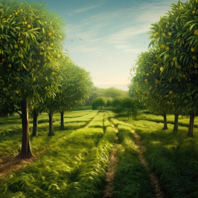 Mango trees with fruit in row in nature, created using generative ai technology. Tropical fruit, fruit tree and nature concept digitally generated image.