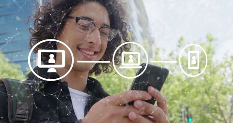 Young Man Enjoying Connectivity on Street with Digital Network Overlay