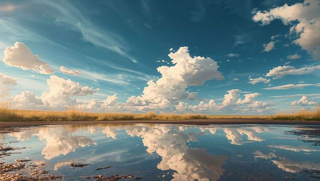 Dramatic cumulus and cirrus clouds reflecting in shallow marsh pool over grassland horizon