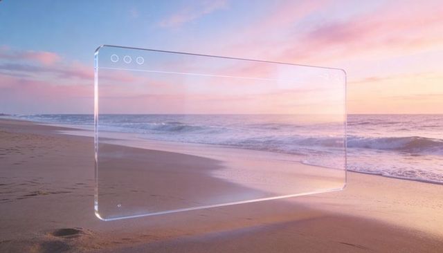 Transparent browser window hovering over pastel beach sunrise, minimal web interface