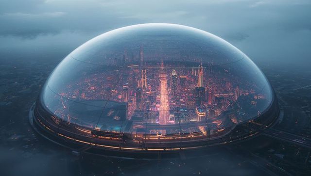 Glowing transparent dome enclosing futuristic neon metropolis with circular transit hub