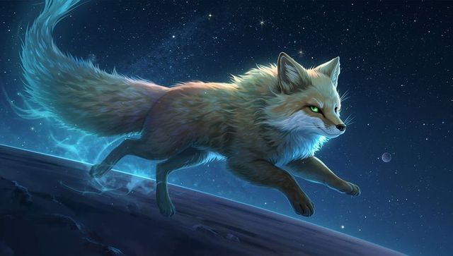 Cosmic fox leaping across nebula horizon with glowing tail and emerald eyes