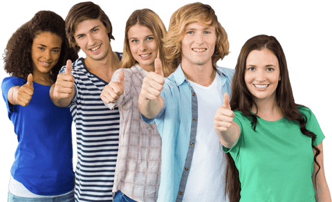 Diverse group of young adults showing thumbs up on transparent background
