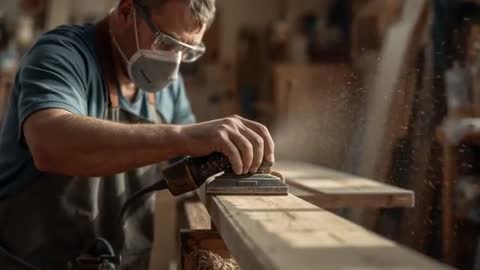 Craftsman sanding plank with orbital sander in workshop, dust particles flying, close-up video
