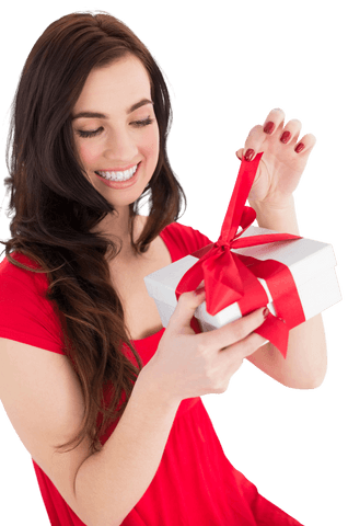 Smiling Woman Opening Gift With Red Bow Transparent Background