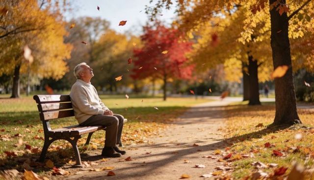 Senior man sitting on park bench enjoying sun and falling autumn leaves in golden foliage