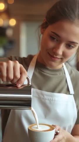 Vertical cafe video of barista pouring milk for latte art into latte cup, cozy bokeh