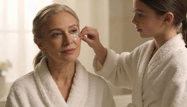 Grandmother and granddaughter sharing gentle home spa ritual placing under-eye gel patch