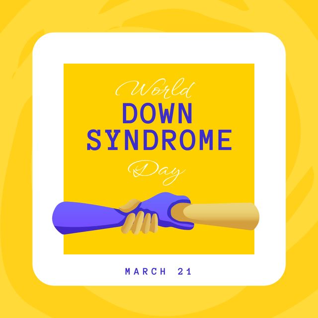 Composition of world down syndrome day text and hands holding over yellow background. World down syndrome day and learning difficulties awareness concept digitally generated image.