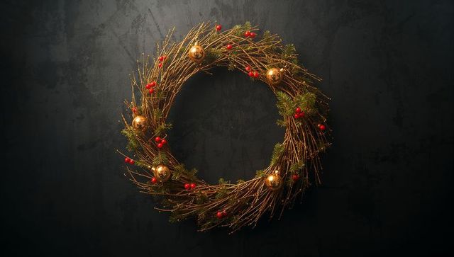 Rustic holiday wreath with twigs, gold baubles, and red berries