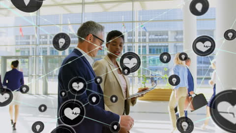 Coworkers Discussing Concepts with Digital Networking Overlay