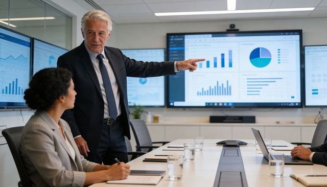 Senior executive leading data-driven presentation in modern boardroom with wall analytics