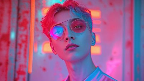 Futuristic urban portrait with neon aesthetics and sunglasses