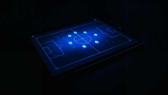 Glowing neon-blue soccer tactics tablet showing tactical formation and player markers