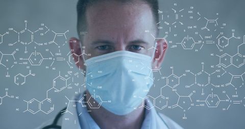 Doctor Wearing Mask with Chemical Structures in Background