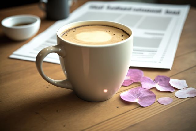 Cup of coffee sitting on wooden table with blurred newspaper in background and scattered flower petals, ideal for representing morning routines, cozy cafes, or a calm, relaxing atmosphere. Perfect for use in lifestyle blogs, social media, or advertisements focusing on relaxation and coffee culture.