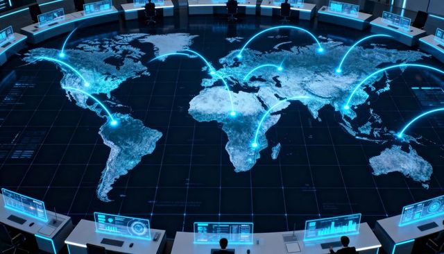 Global Network Control Center Showing Holographic World Map with Connected Node Arcs Live