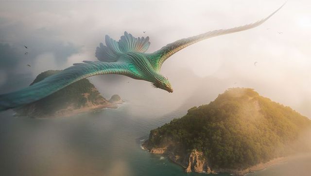 Majestic mythical dragonbird gliding over misty islands