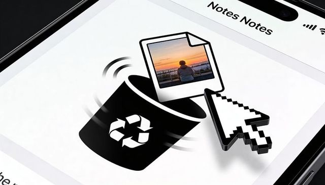Dragging sunset thumbnail into recycle bin on smartphone notes app with cursor