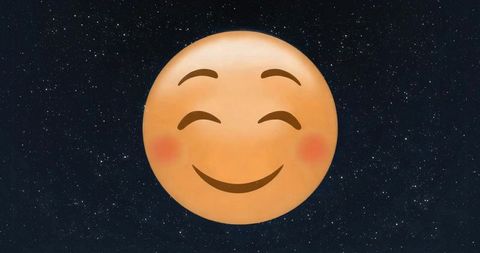 Smiling rosy-cheek emoji floating amid starry sky, whimsical cosmic happy face