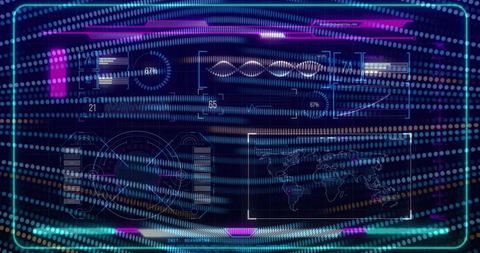 Displaying Holographic Neon HUD Dashboard with Waveform Analytics and Global Data Map