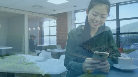 Asian Woman Using Smartphone with Scenic Overlay