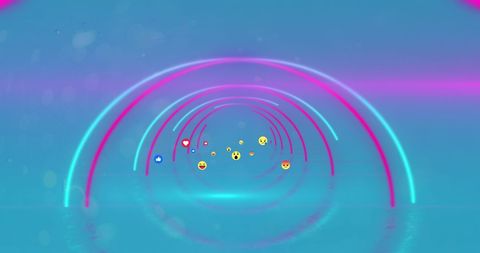 Glowing Neon Tunnel with Diverse Emojis Flowing in Blue - Download Free Stock Images Pikwizard.com