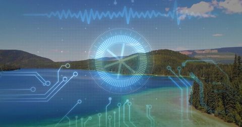 Futuristic hud overlaying mountain lake panorama with circuit grid and waveform interface
