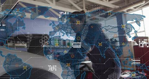 Female mechanic inspecting engine with global data overlay, automotive diagnostics concept