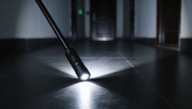 Led inspection light on telescopic pole illuminating dim corridor, tile grout and doorway