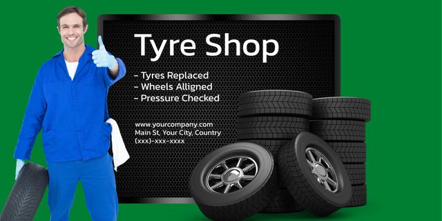 Mechanic Promoting Tyre Shop Services with Thumbs-Up - Download Free Stock Templates Pikwizard.com