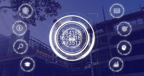 Digital Interface Overlays on Construction Site with Technology Icons