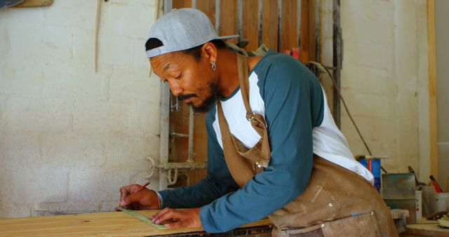 Young Carpenter Measuring and Marking Wood in Workshop - Download Free Stock Images Pikwizard.com