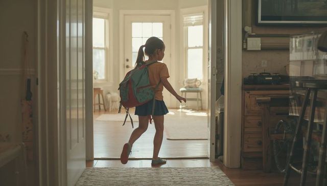 Young girl walking through sunlit hallway carrying backpack and heading to school