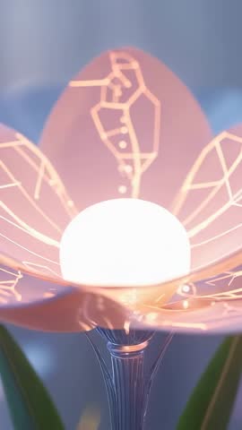 Pulsing Orb Nestled in Futuristic Metal Flower Sculpture Vertical Tech Luminescent Loop