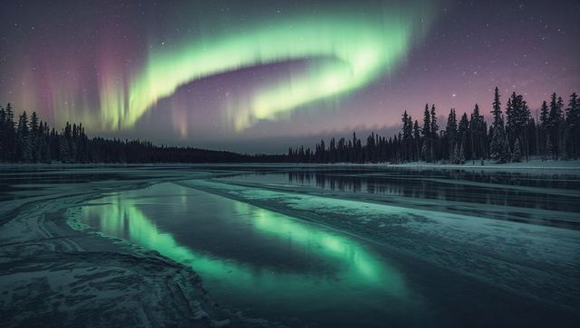 Emerald aurora arc reflecting over frozen lake and boreal forest nightscape with starry sky