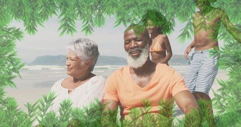 Mature Couple Relaxing on Scenic Beach Surrounded by Family