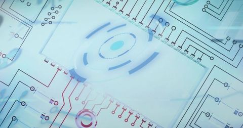 Translucent central panel concentric rings circuit traces futuristic tech network