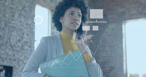 Focused Businesswoman Using Smartphone with Digital Data Interface